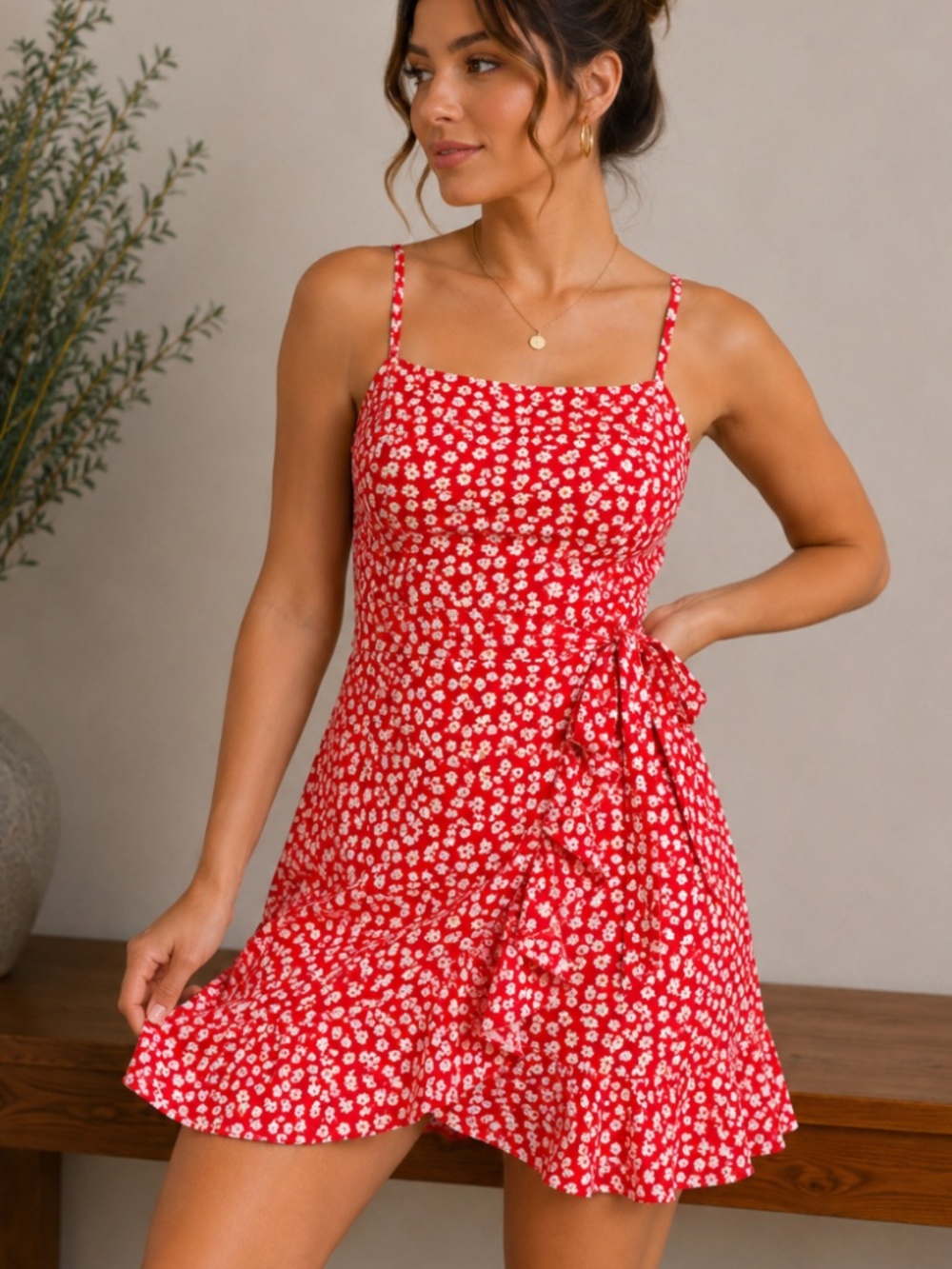 SHEIN Women’s Red Floral Wrap Dress Sleeveless Tie Waist Mini Dress, size Large